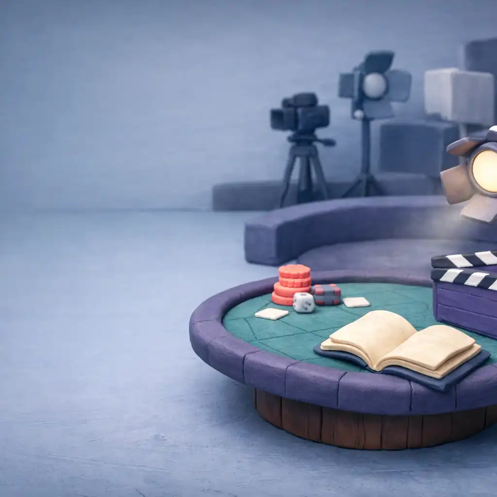 Gliniana diorama studia filmowego z klapsówką, scenariuszem i neutralnym stołem scenograficznym