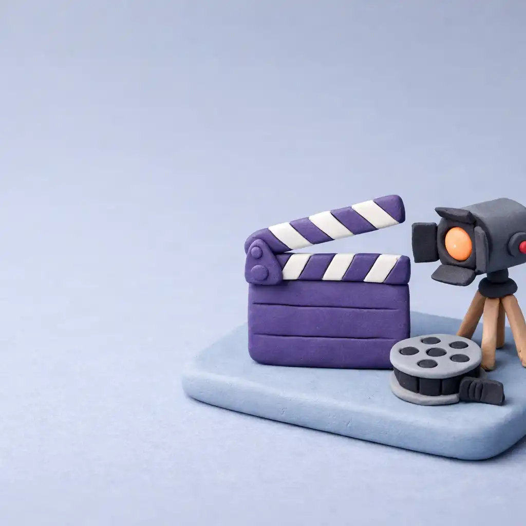Gliniana diorama studia filmowego z fioletowym klapsem i lampą projektora