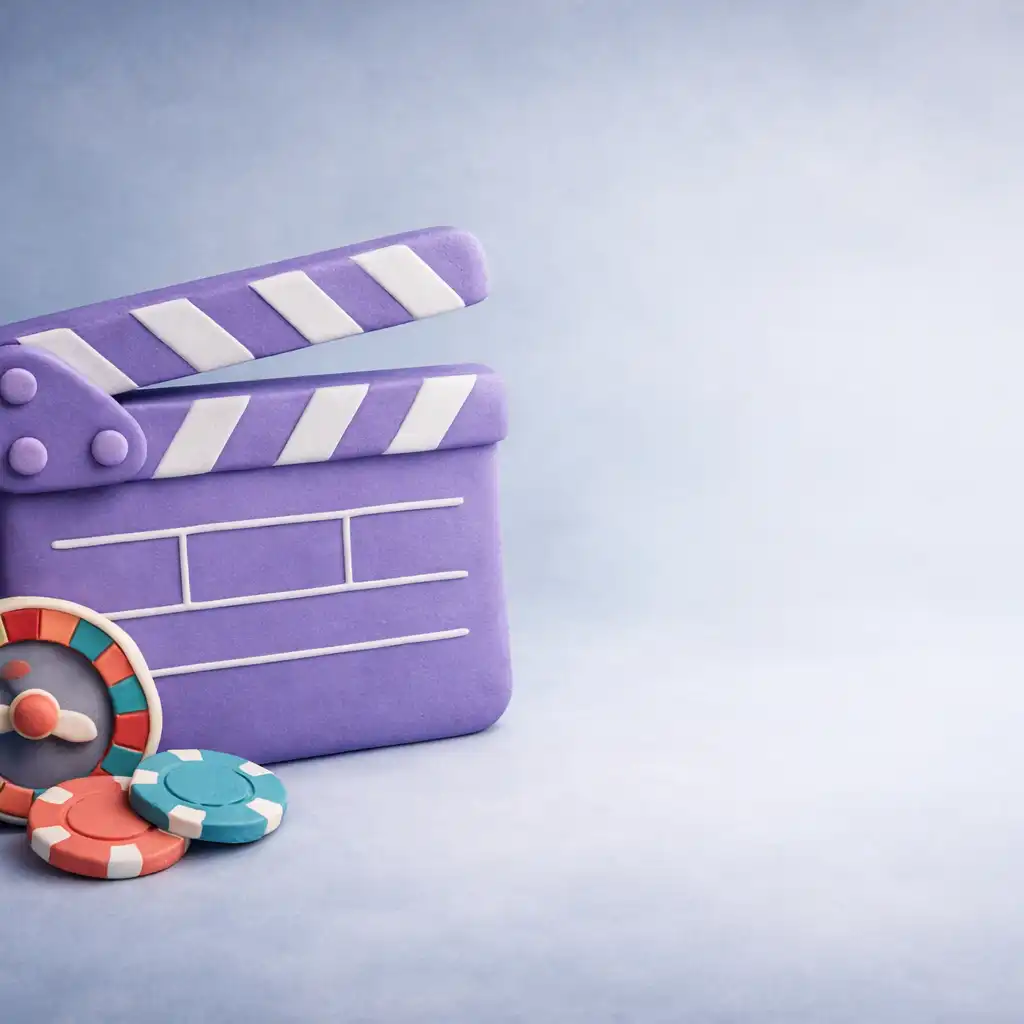 Gliniana diorama planu filmowego z fioletowym klapsem, kołem ruletki i rekwizytami