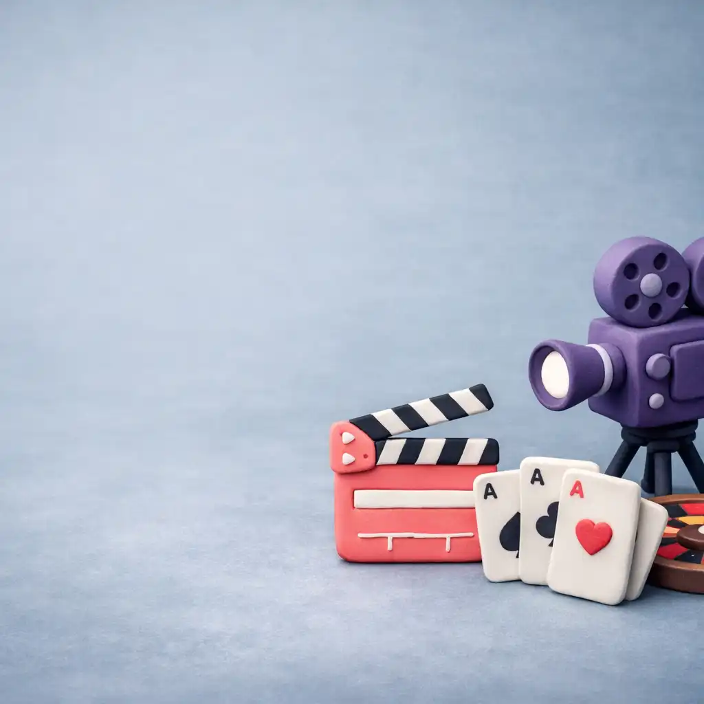 Gliniana diorama studia filmowego z fioletowym projektorem, koralowym klapsem i neutralną scenografią kasynową