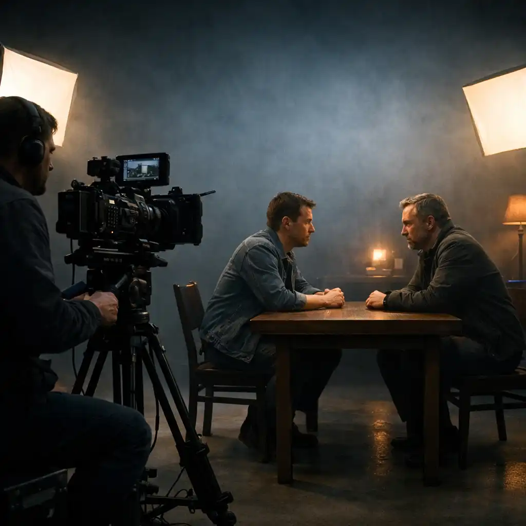 Fikcyjny plan filmowy z kamerą, operatorem, aktorami przy prostym stole i miękkim światłem studyjnym